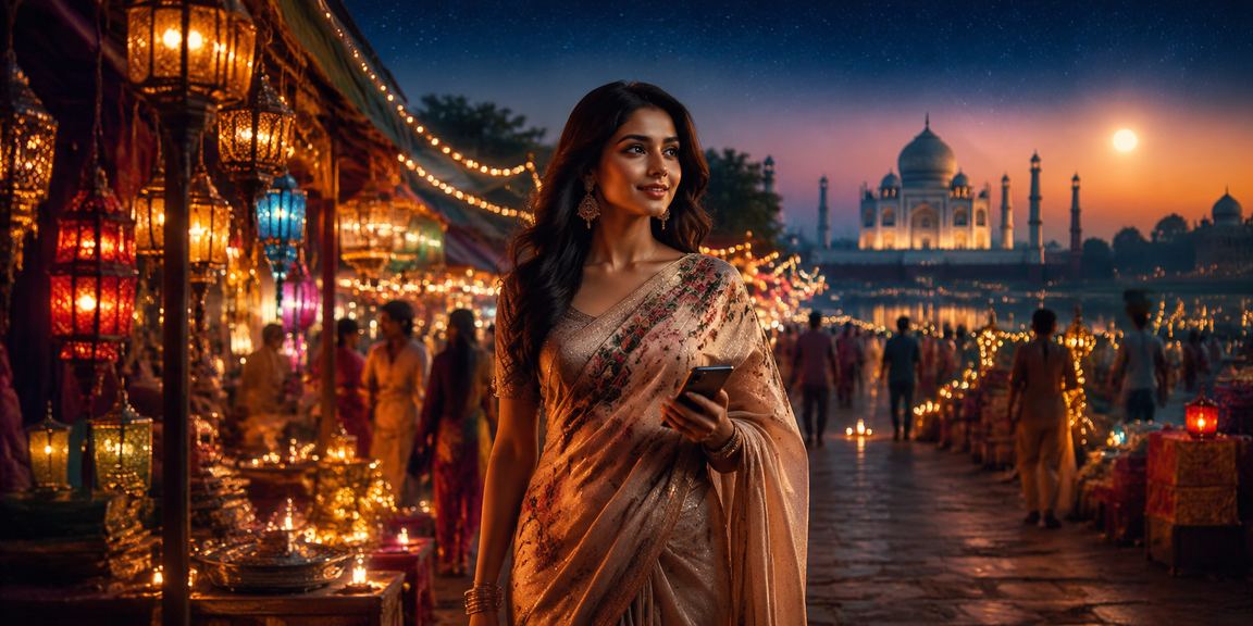 Evening view of Taj Mahal with festive lights